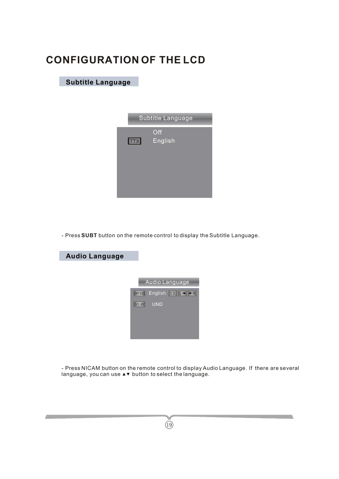 Curtis LCDVD152UK manual Subtitle Language, Audio Language 