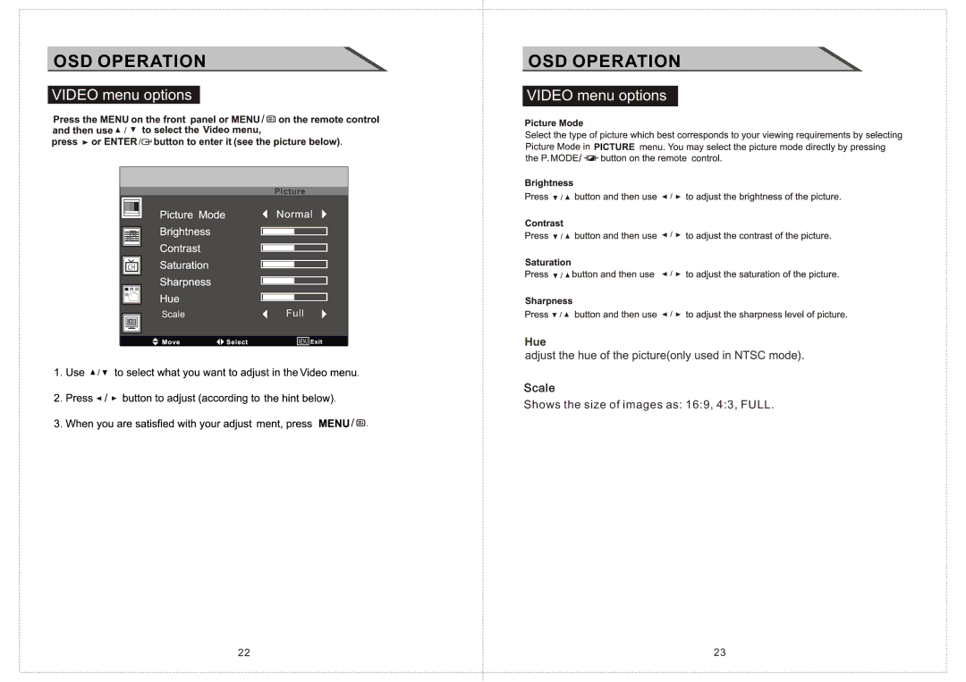 Curtis LCDVD156 manual OSD Operation, Video menu options 