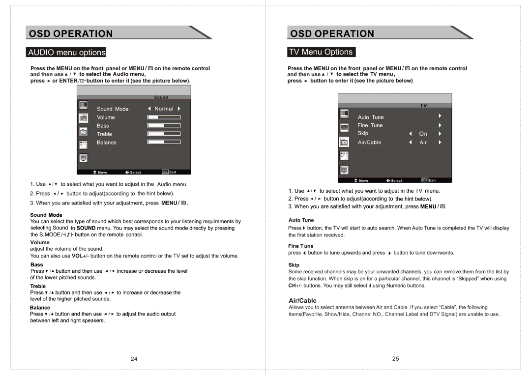 Curtis LCDVD156 manual OSD Operation, Audio menu options, TV Menu Options, Air/Cable 