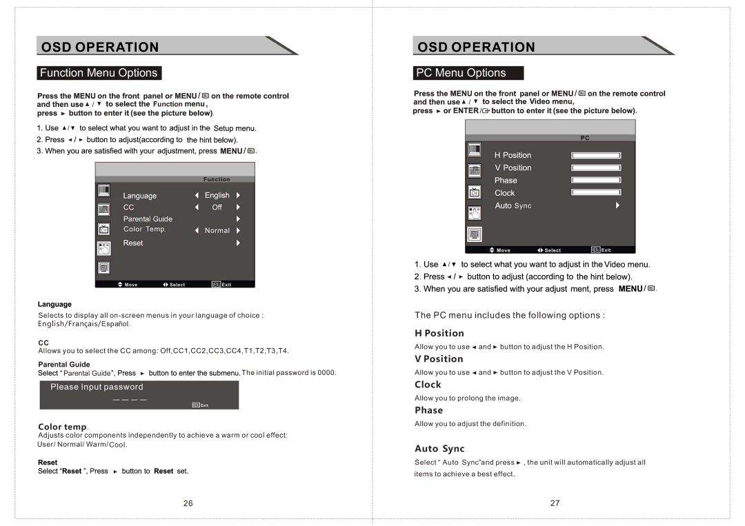 Curtis LCDVD156 manual Function Menu Options, PC Menu Options, Parental Guide 