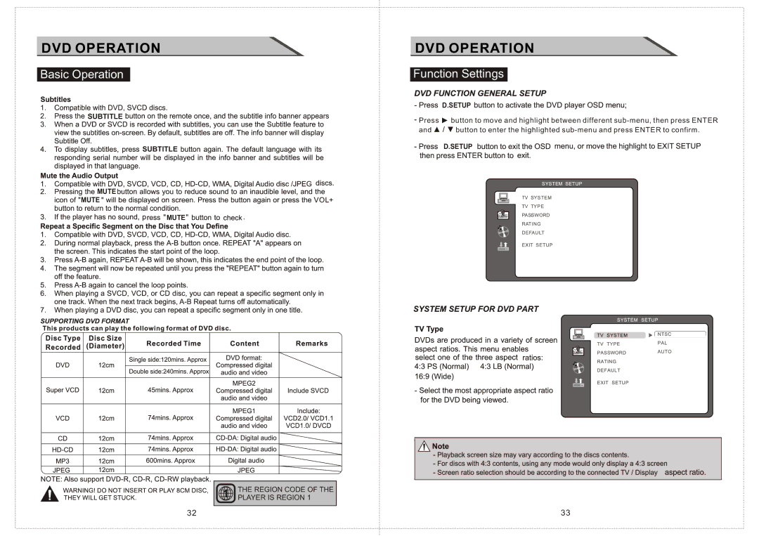 Curtis LCDVD156 manual DVD Operation, Function Settings, Subtitle Mute Mute, Setup 