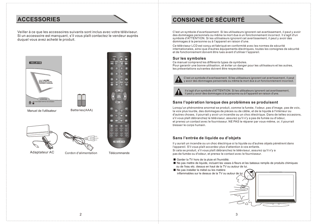 Curtis LCDVD156 Sur les symboles, Sans lopération lorsque des problèmes se produisent, Sans lentrée de liquide ou dobjets 