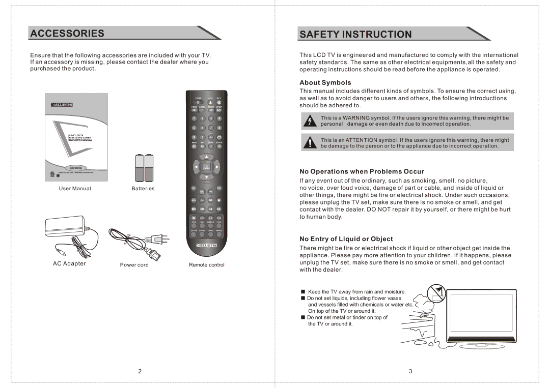 Curtis LCDVD156 manual About Symbols, No Operations when Problems Occur, No Entry of Liquid or Object 