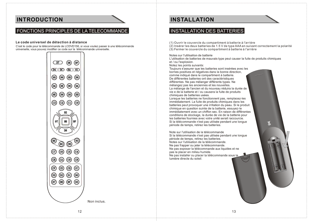 Curtis LCDVD156 manual Installation DES Batteries, Le code universel de détection à distance 