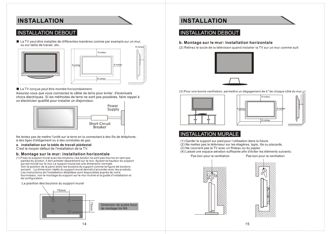 Curtis LCDVD156 manual Installation Debout, Installation Murale, Montage sur le mur installation horizontale 