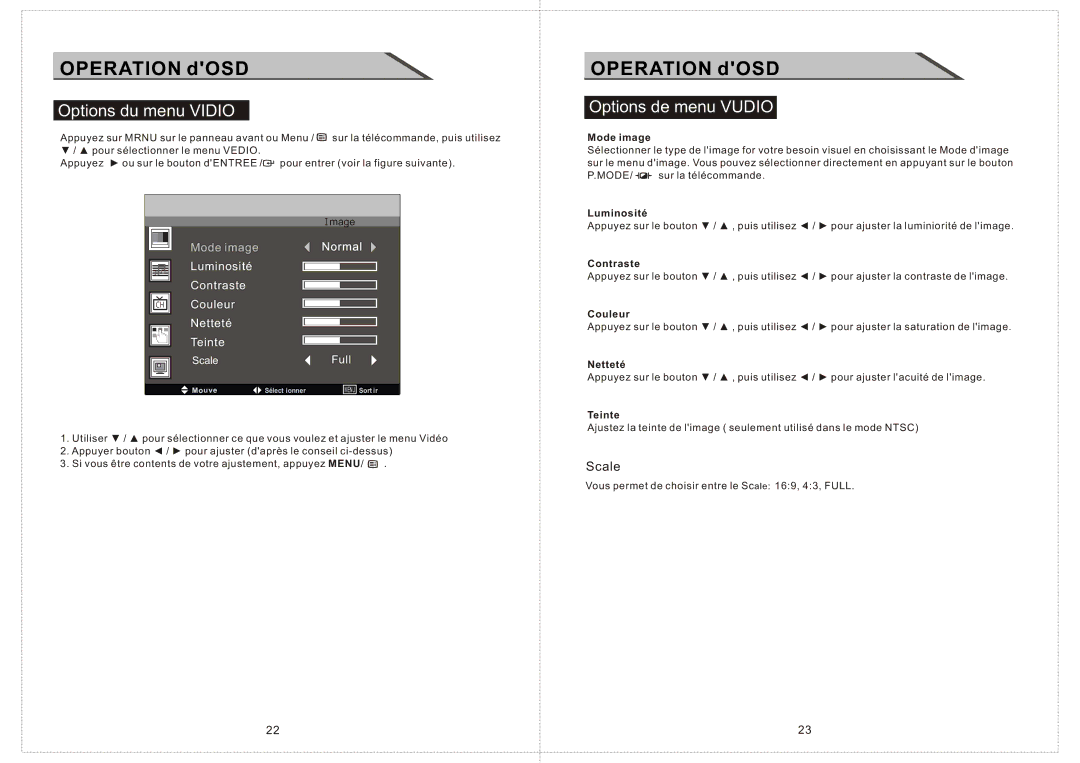 Curtis LCDVD156 manual Options du menu Vidio, Options de menu Vudio 