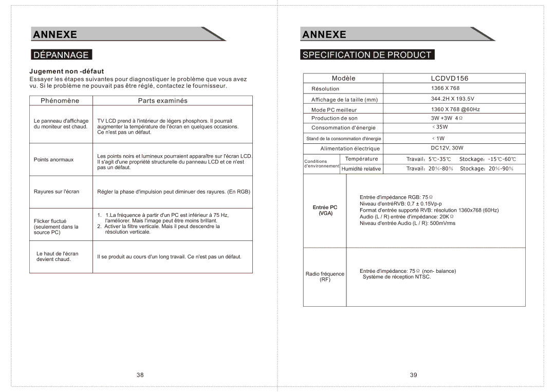 Curtis LCDVD156 manual Specification DE Product, Jugement non -défaut 