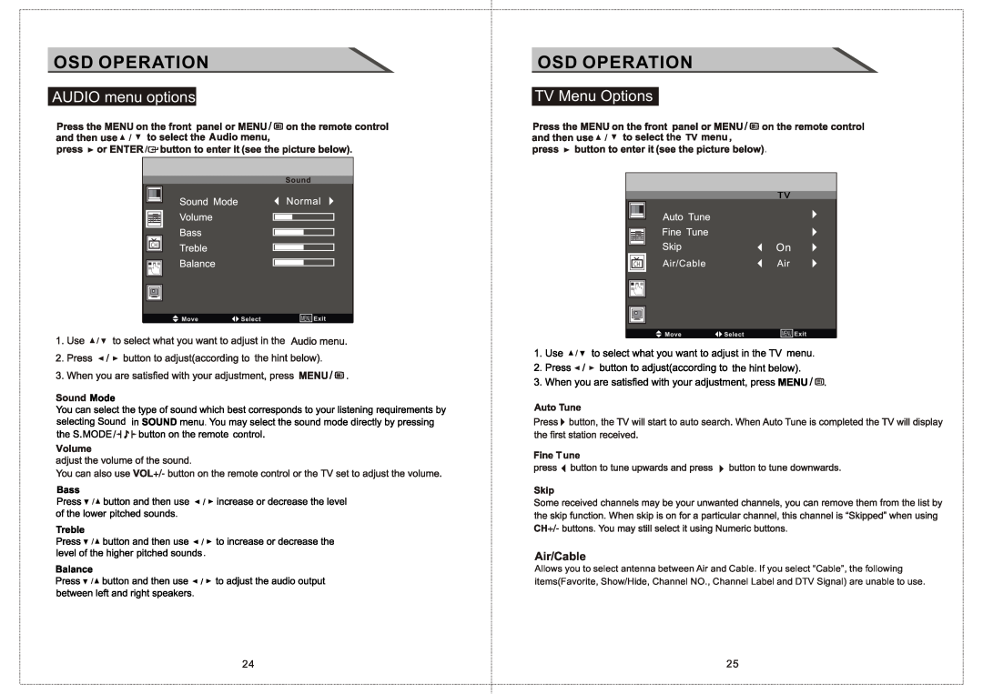Curtis LCDVD156 manual Osd Operation, AUDIO menu options, TV Menu Options, Air/Cable, Menu Menu 