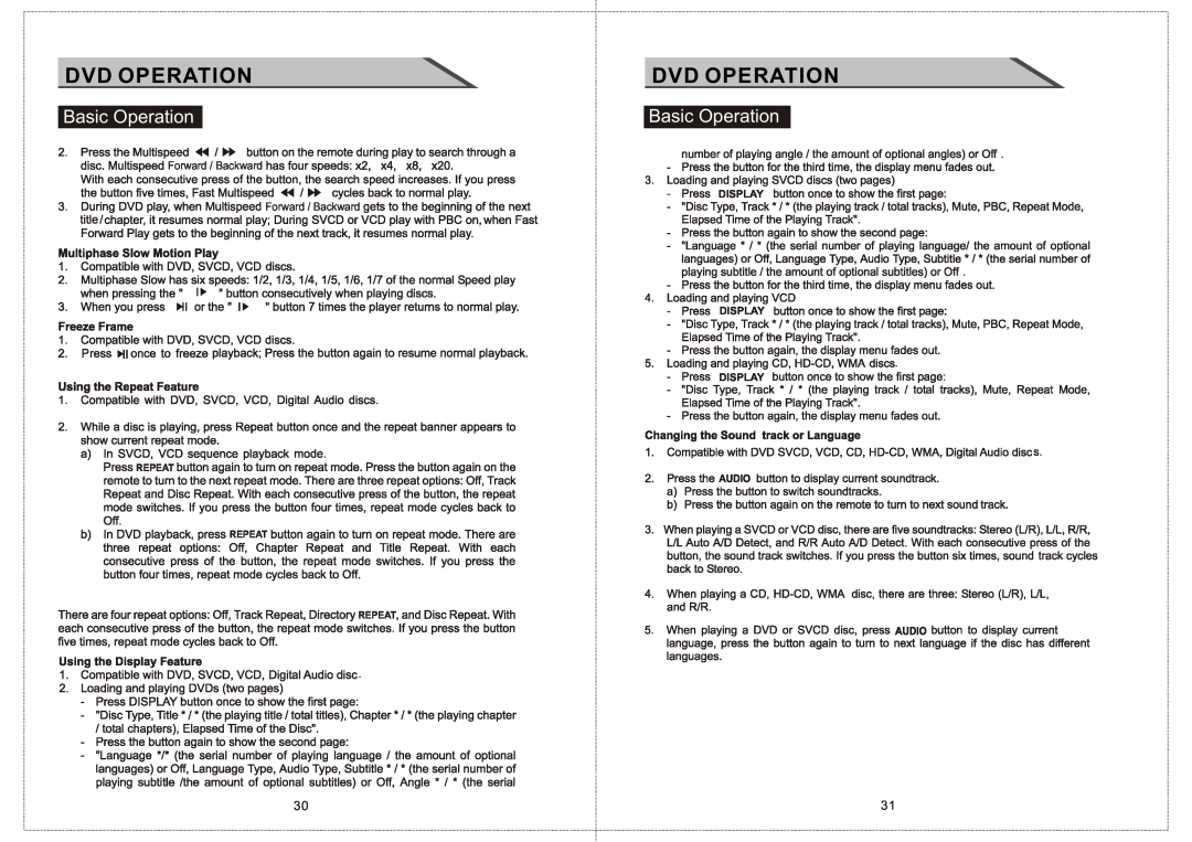 Curtis LCDVD156 manual Dvd Operation, Basic Operation, Display Display Repeat Repeat Repeat 