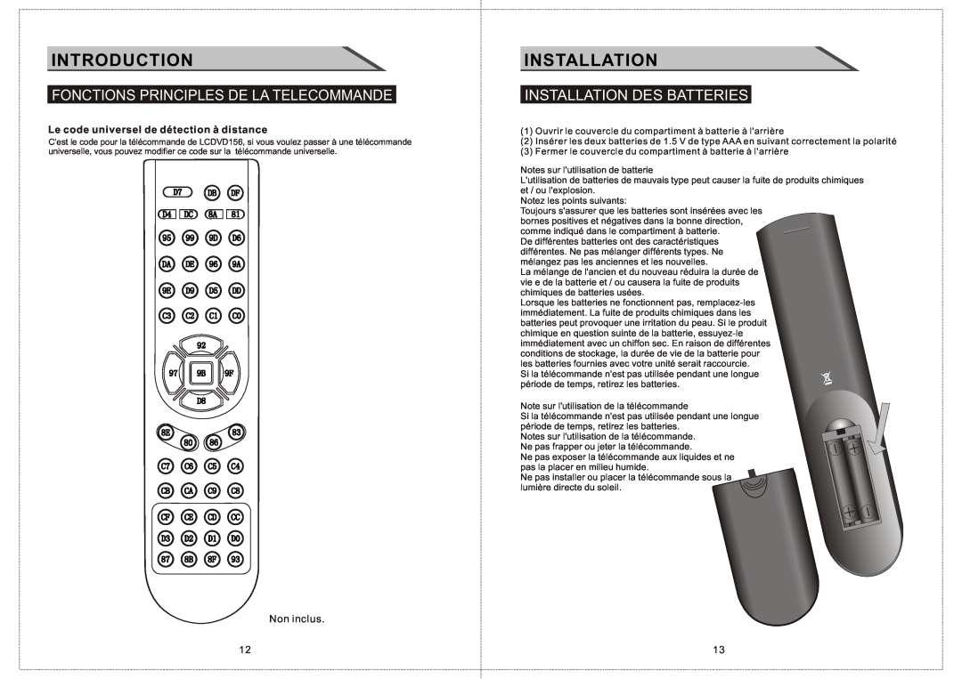 Curtis LCDVD156 manual Installation Des Batteries, Introduction, Fonctions Principles De La Telecommande, Non inclus 