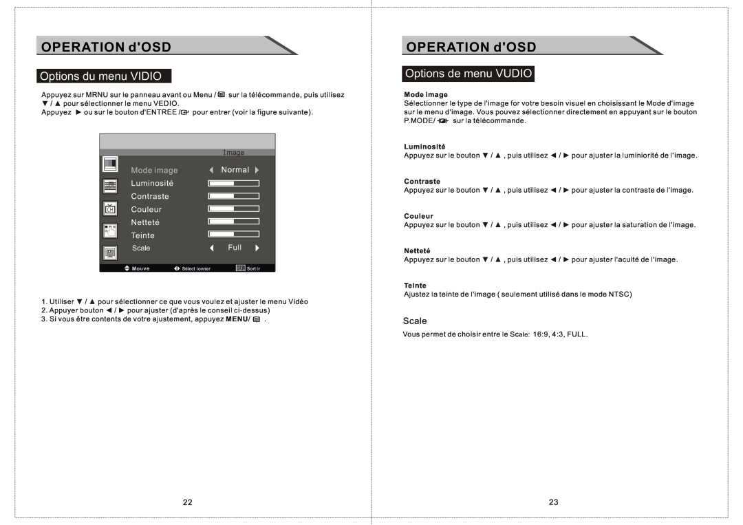 Curtis LCDVD156 OPERATION dOSD, Options du menu VIDIO, Options de menu VUDIO, Scale, Mode image, Luminosité, Contraste 