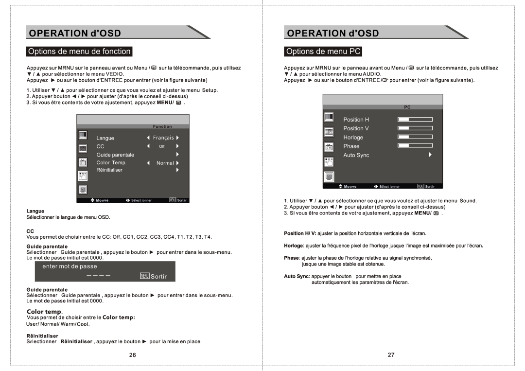 Curtis LCDVD156 Options de menu de fonction, Options de menu PC, enter mot de passe MENU Sortir, OPERATION dOSD, Horloge 