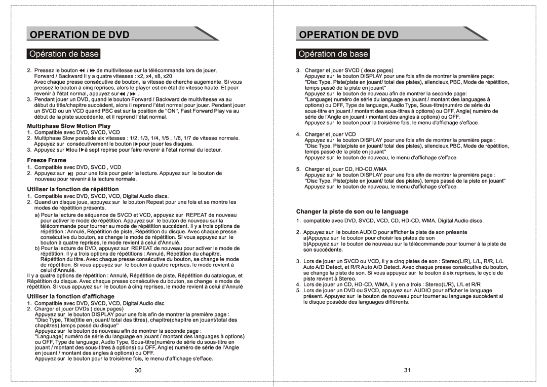 Curtis LCDVD156 manual Operation De Dvd, Opération de base, Multiphase Slow Motion Play, Freeze Frame 