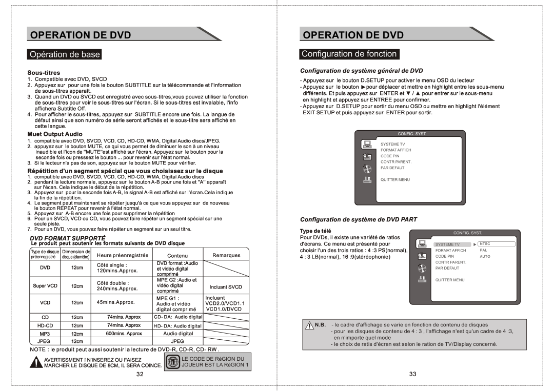 Curtis LCDVD156 manual Configuration de fonction, Operation De Dvd, Opération de base, Sous-titres, Muet Output Audio 