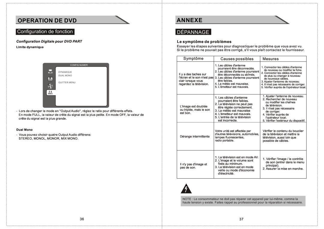 Curtis LCDVD156 manual Annexe, Dépannage, Le symptôme de problèmes, Symptôme, Causes possibles, Mesures, Operation De Dvd 