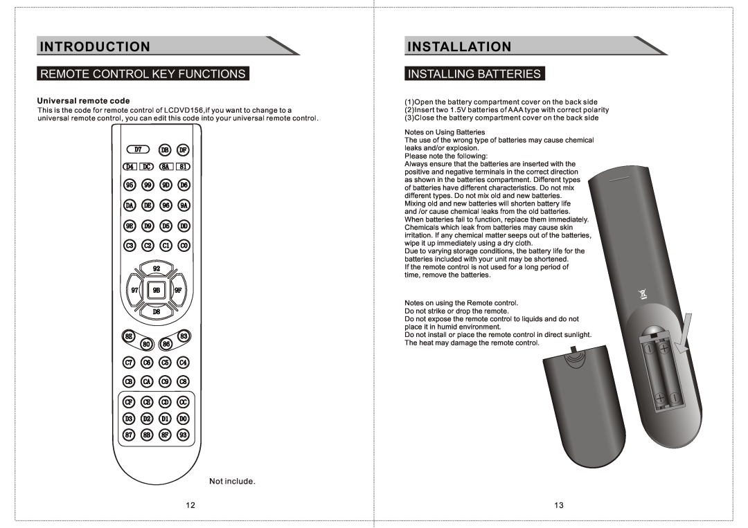 Curtis LCDVD156 Introduction, Installation, Installing Batteries, Remote Control Key Functions, Universal remote code 