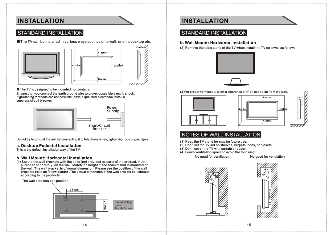 Curtis LCDVD156 manual Standard Installation, Notes Of Wall Installation, a. Desktop Pedestal Installation 