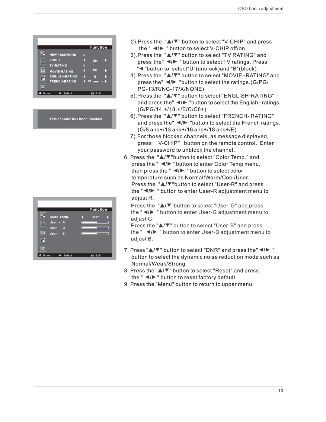 Curtis LCDVD191 manual OSD basic adjustment 