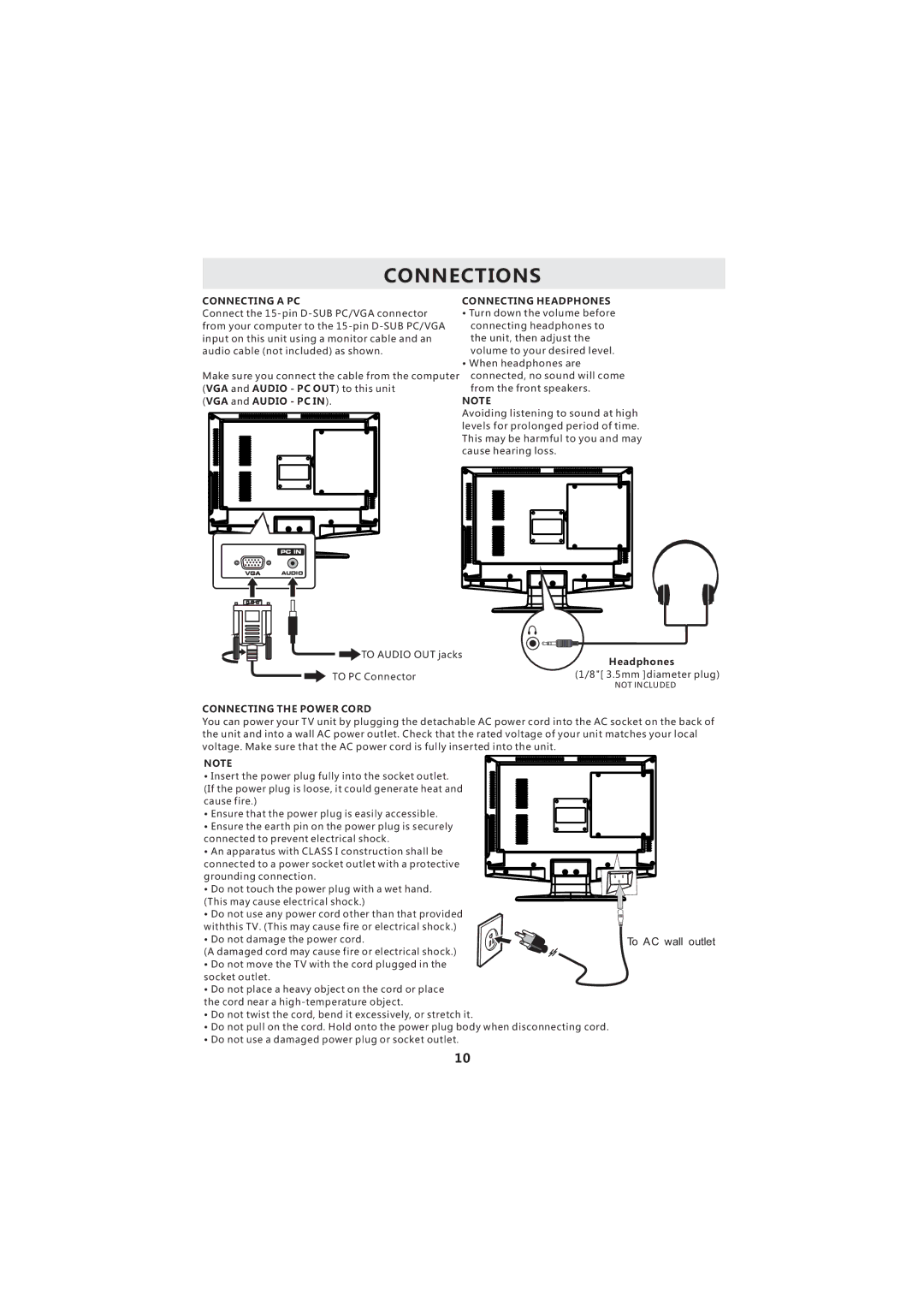 Curtis LCDVD193A instruction manual Connecting a PC, VGA and Audio PC, Connecting Headphones, Connecting the Power Cord 