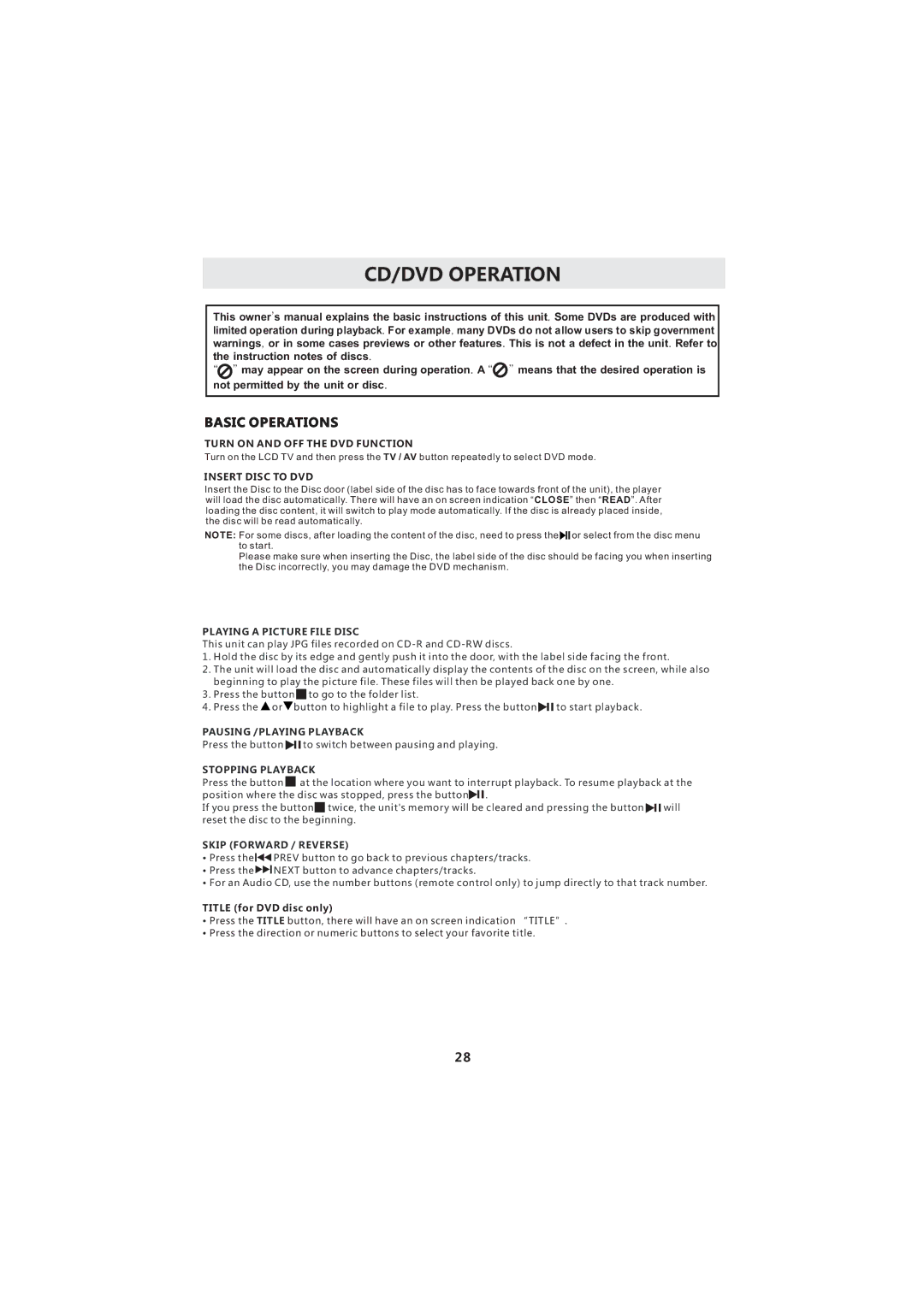 Curtis LCDVD193A CD/DVD Operation, Turn on and OFF the DVD Function, Insert Disc to DVD, Title for DVD disc only 