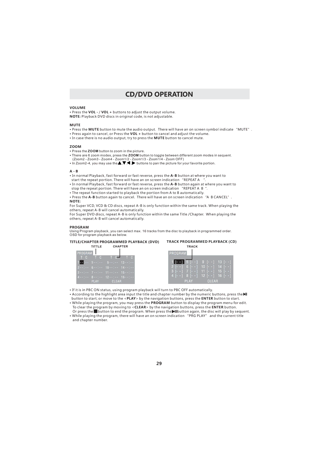 Curtis LCDVD193A instruction manual Volume, Mute, Zoom, TITLE/CHAPTER Programmed Playback DVD 