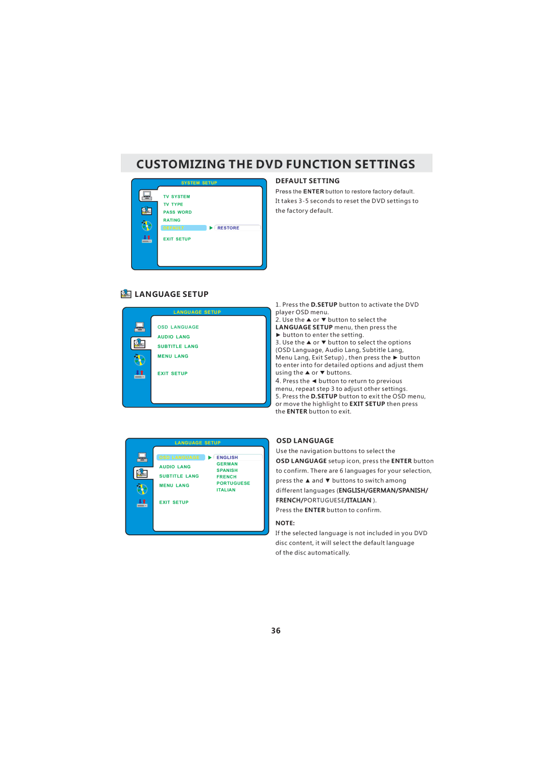 Curtis LCDVD193A instruction manual Language Setup, Default Setting, OSD Language 