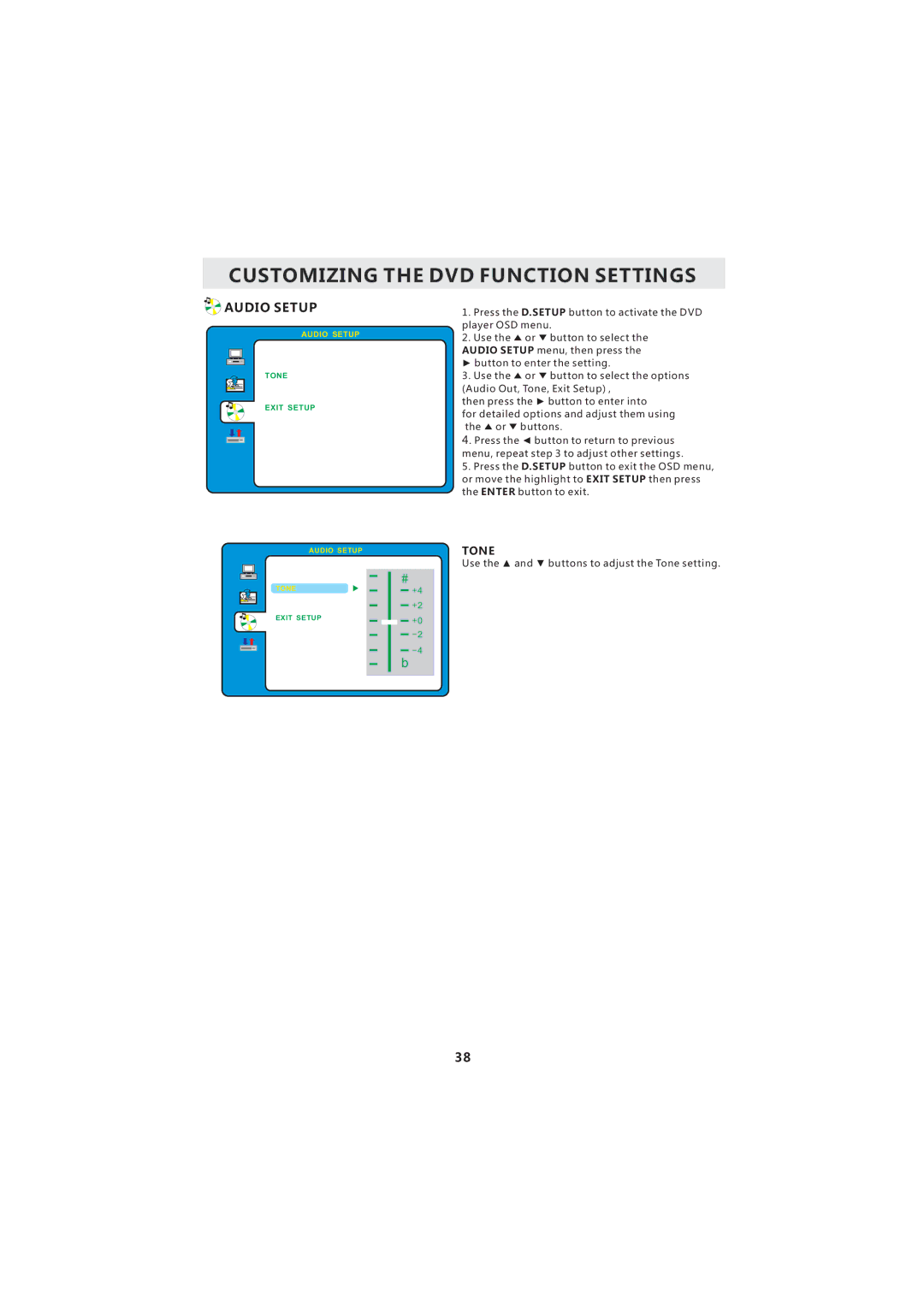 Curtis LCDVD193A instruction manual Audio Setup, Tone 