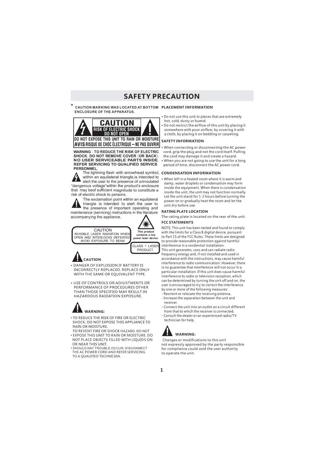 Curtis LCDVD193A instruction manual Safety Precaution, Refer Servicing to Qualified Service Personnel 