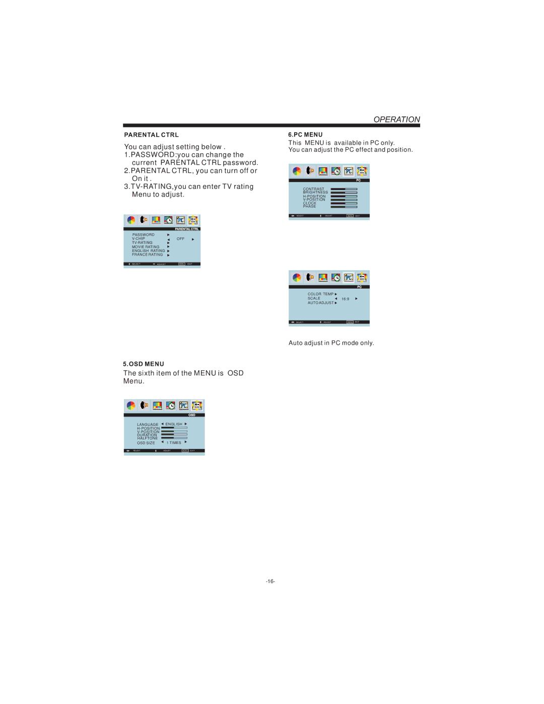 Curtis LCDVD194 user manual Sixth item of the Menu is OSD Menu 