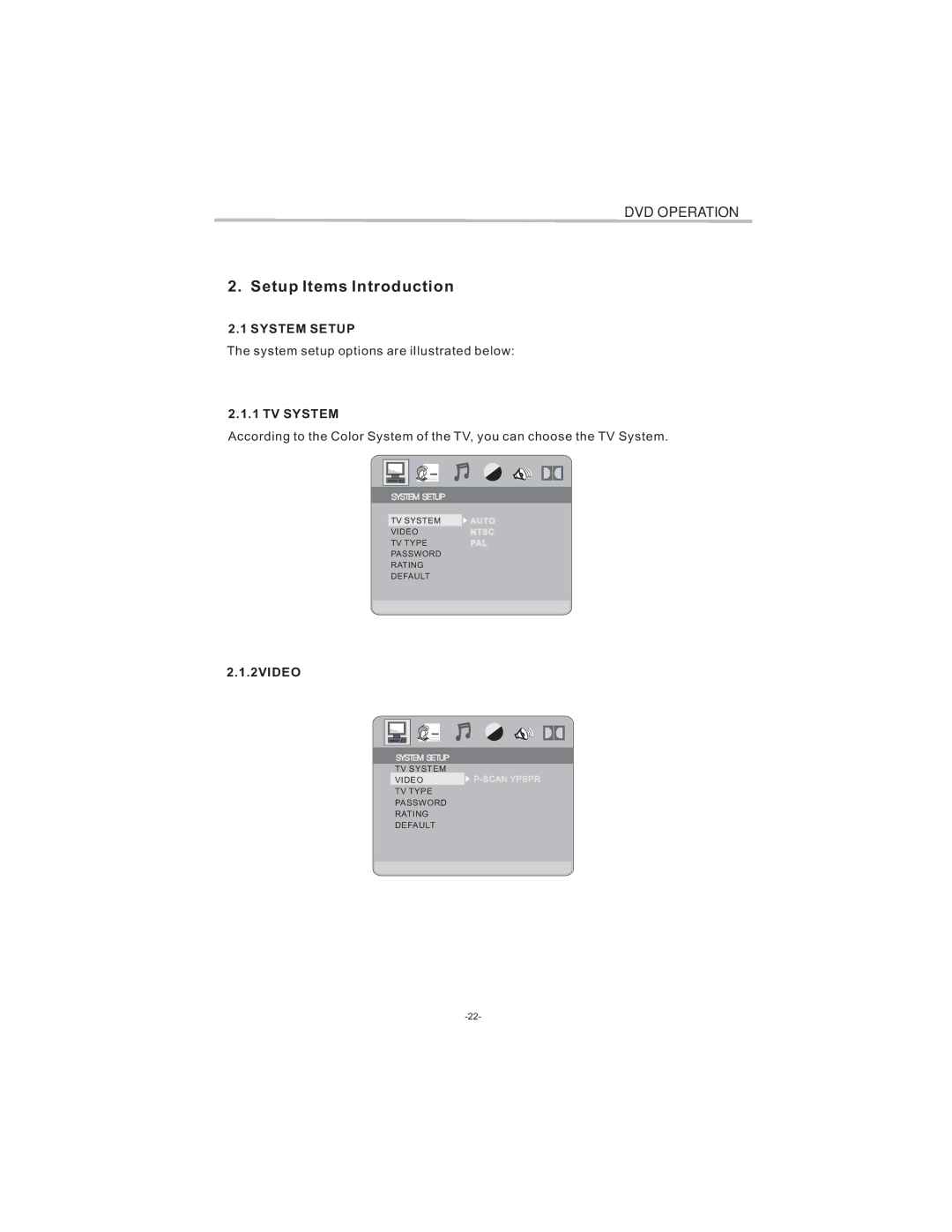 Curtis LCDVD194 user manual System Setup, TV System, 2VIDEO 