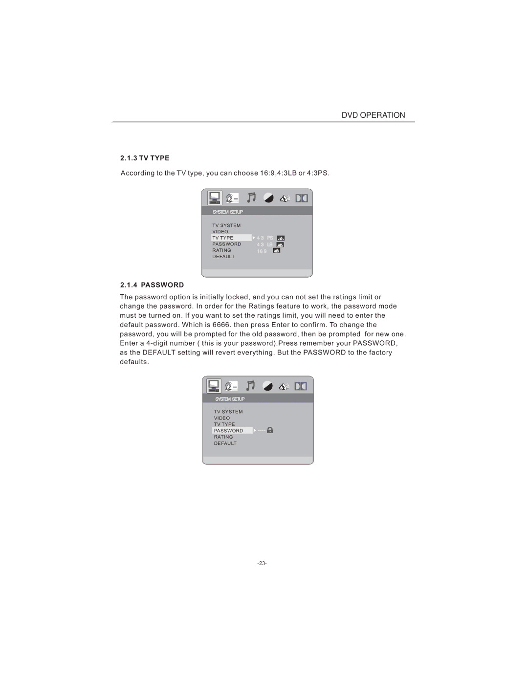 Curtis LCDVD194 user manual TV Type, Password 