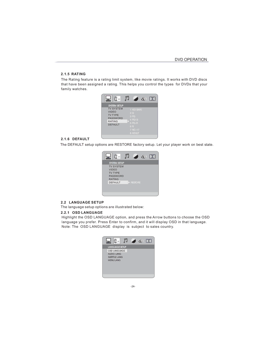 Curtis LCDVD194 user manual Rating, Default, Language Setup, OSD Language 