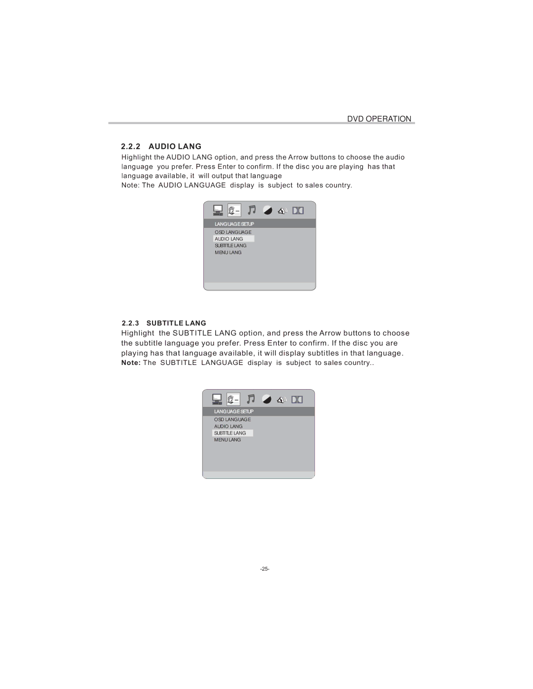 Curtis LCDVD194 user manual Audio Lang, Subtitle Lang 