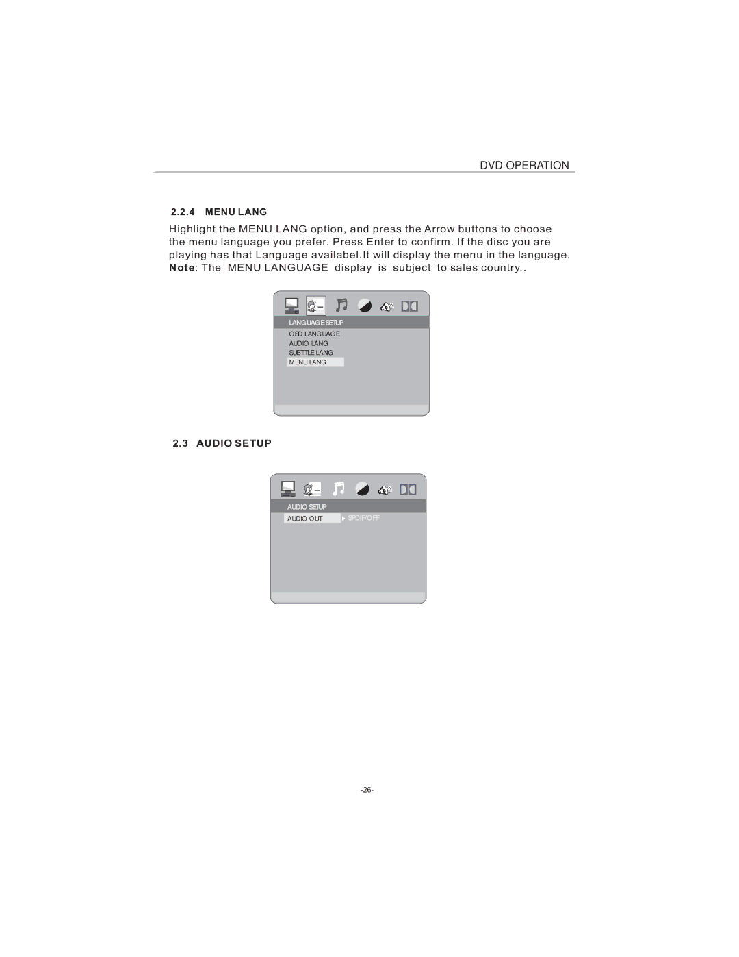 Curtis LCDVD194 user manual Menu Lang, Audio Setup 