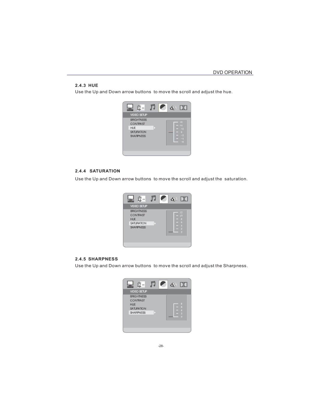 Curtis LCDVD194 user manual 3 HUE, Saturation, Sharpness 