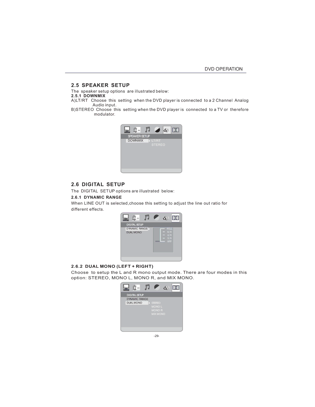 Curtis LCDVD194 user manual Downmix, Dynamic Range, Dual Mono Left + Right 