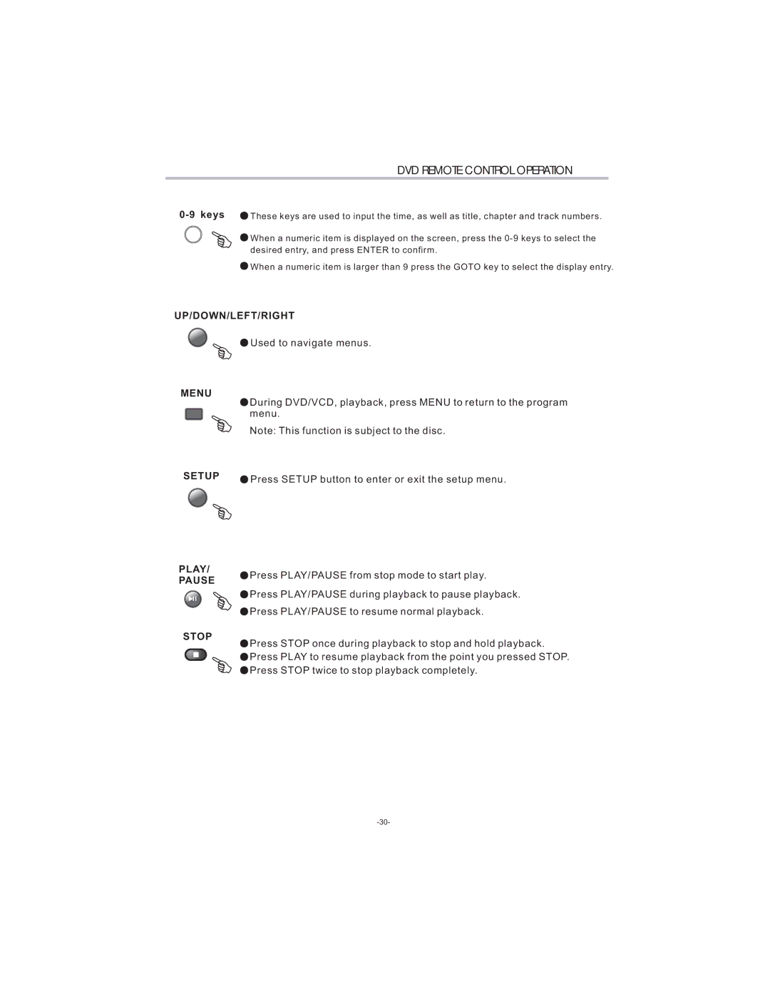 Curtis LCDVD194 user manual Up/Down/Left/Right, Menu Setup Play Pause Stop 