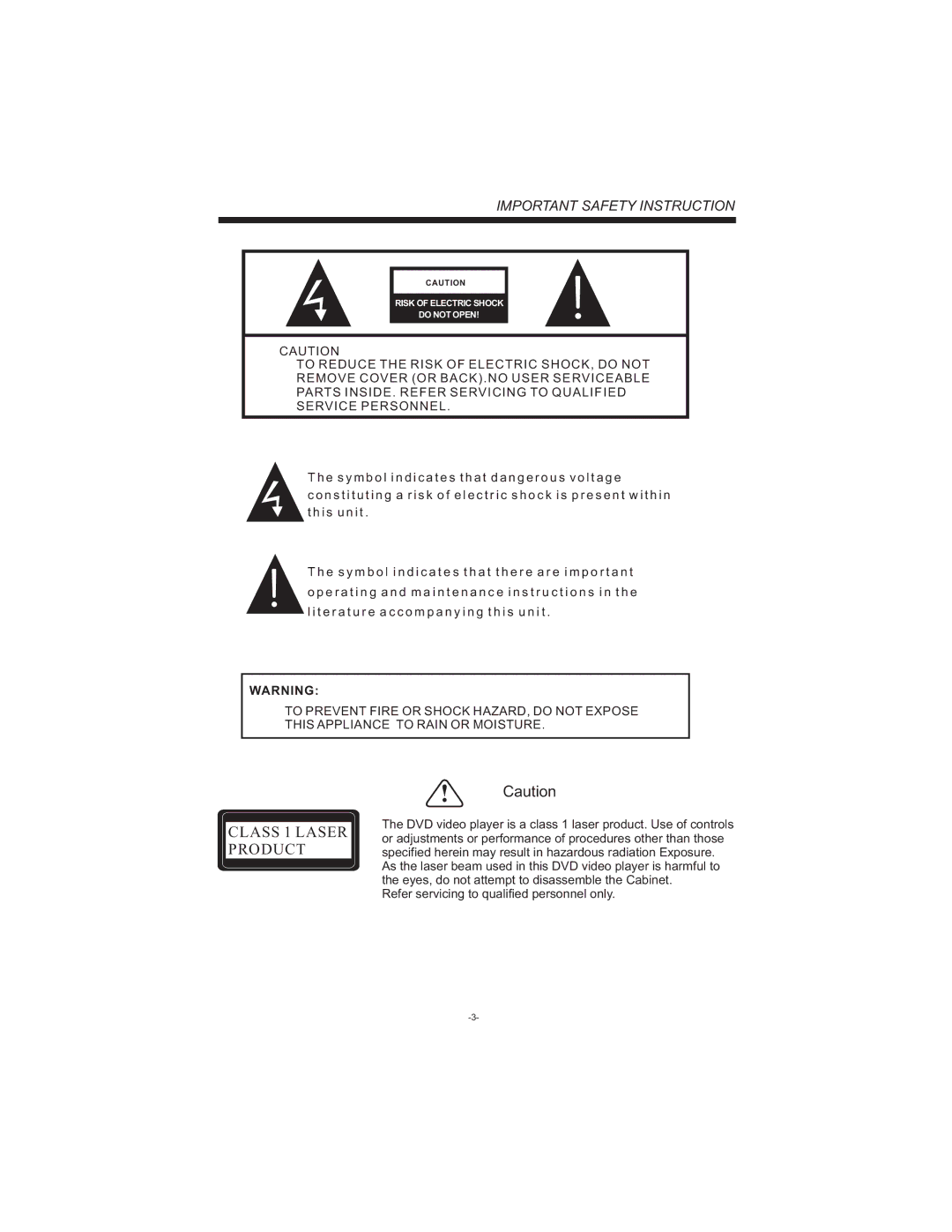 Curtis LCDVD194 user manual Class 1 Laser Product 