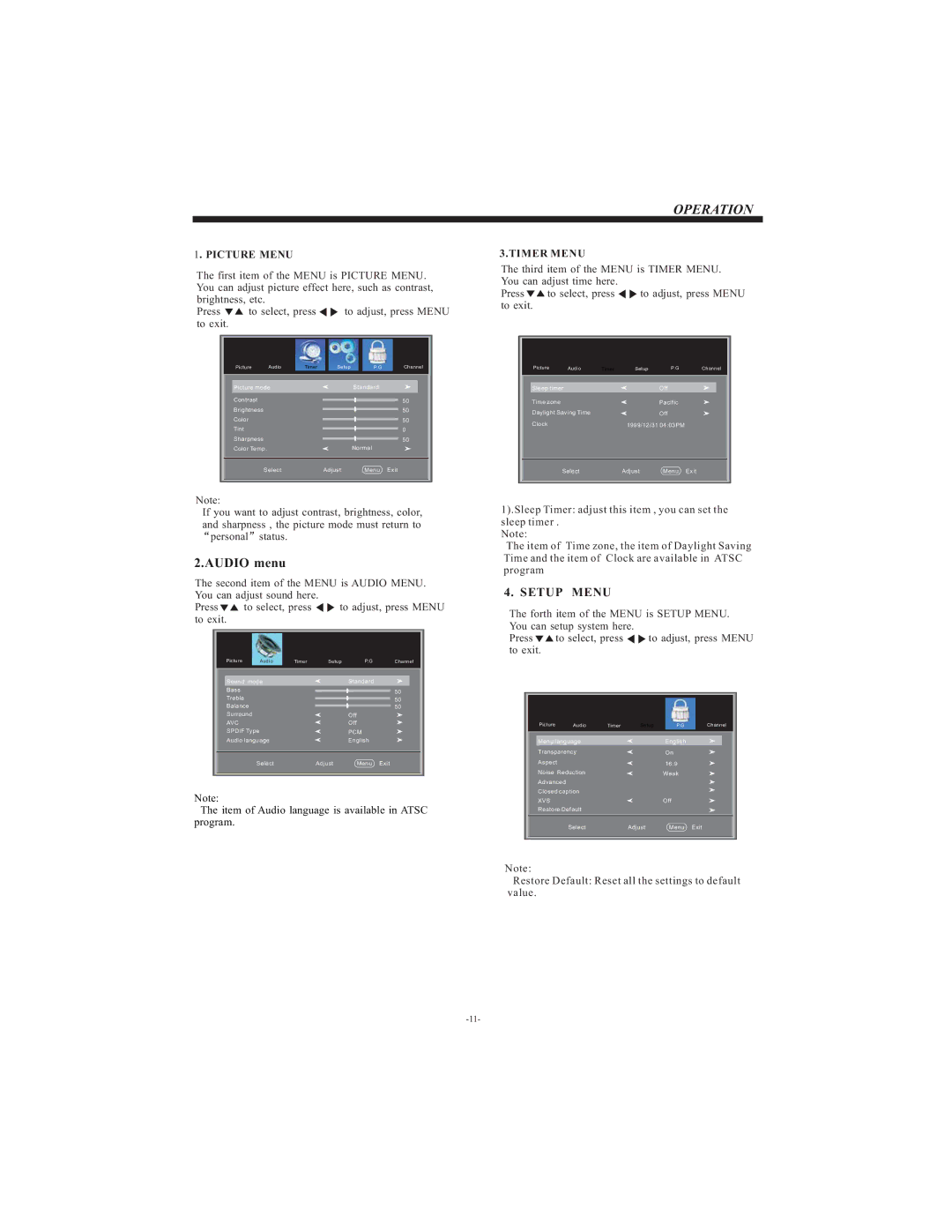 Curtis LCDVD194A user manual Picture Menu, Timer Menu 