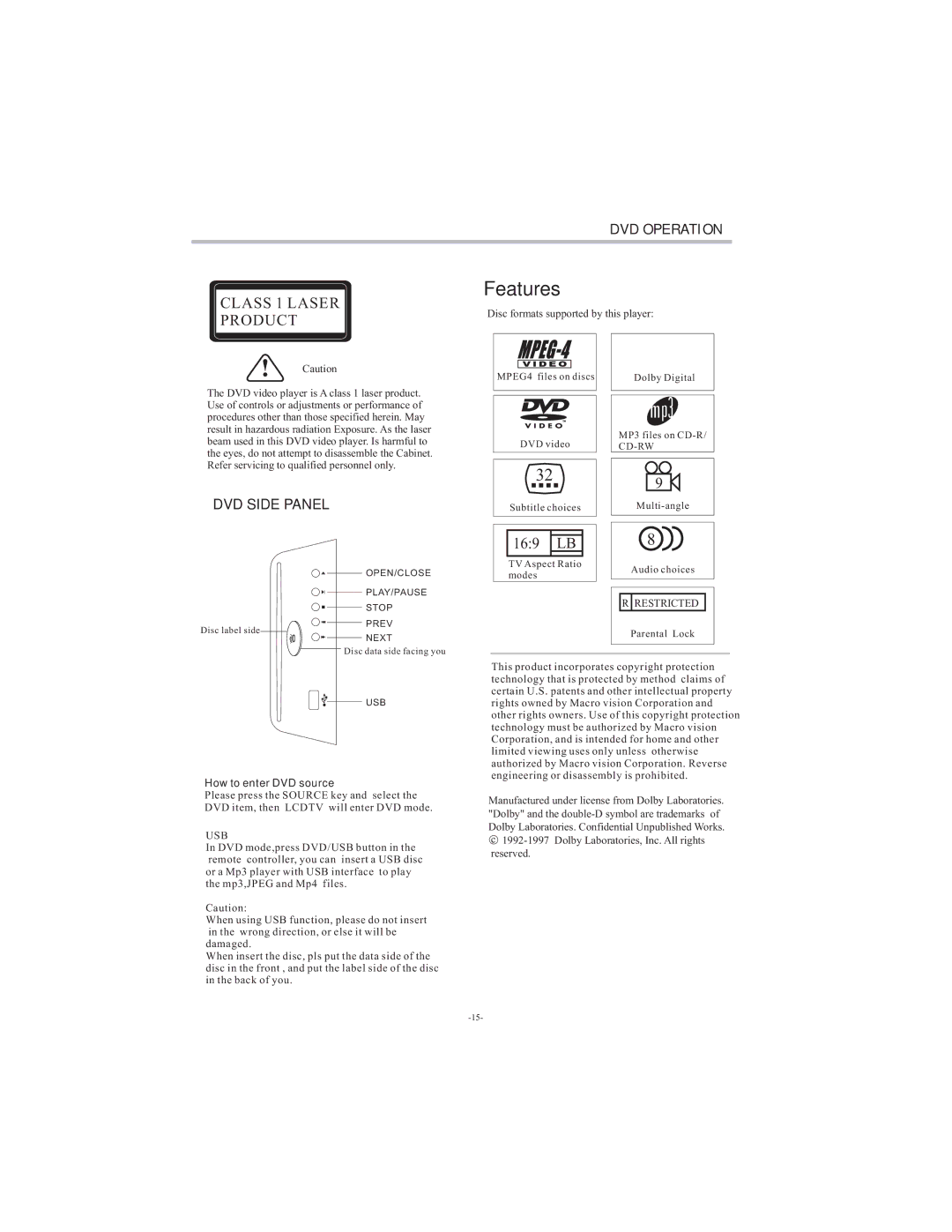 Curtis LCDVD194A user manual Features 