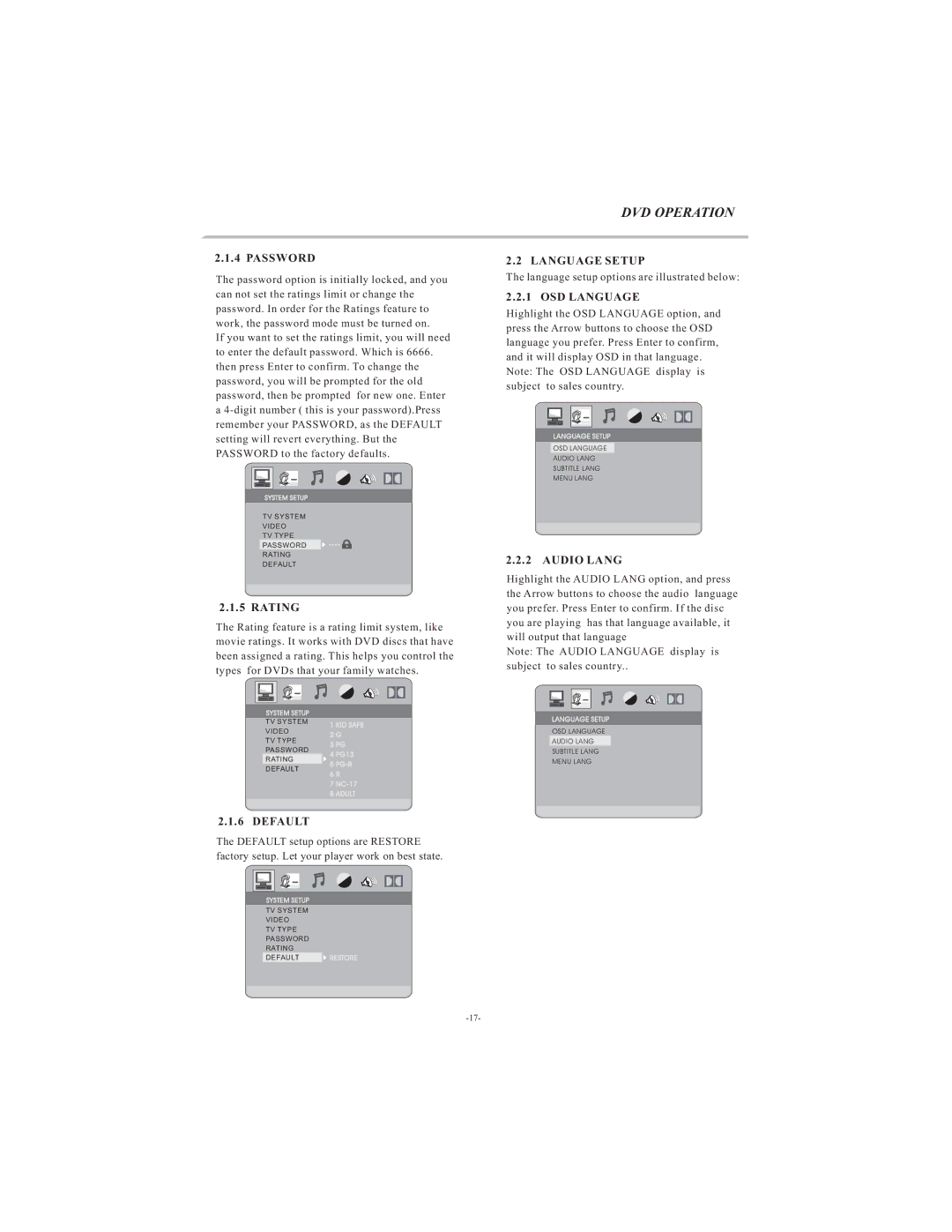 Curtis LCDVD194A user manual Password, Default, Language Setup, OSD Language, Audio Lang 