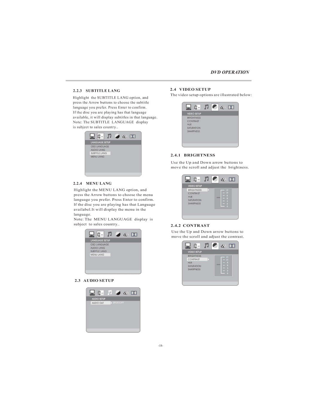 Curtis LCDVD194A user manual Subtitle Lang, Menu Lang, Audio Setup, Video Setup, Brightness, Contrast 