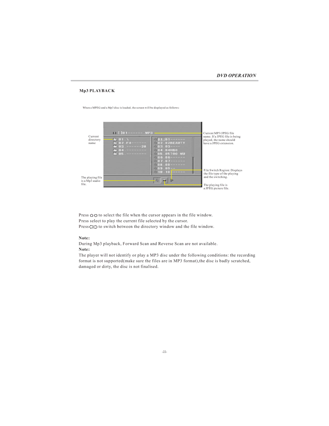 Curtis LCDVD194A user manual Mp3 Playback 