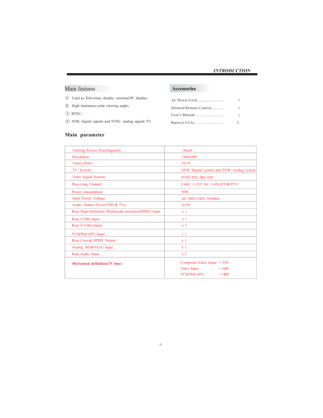 Curtis LCDVD194A user manual Main parameter 