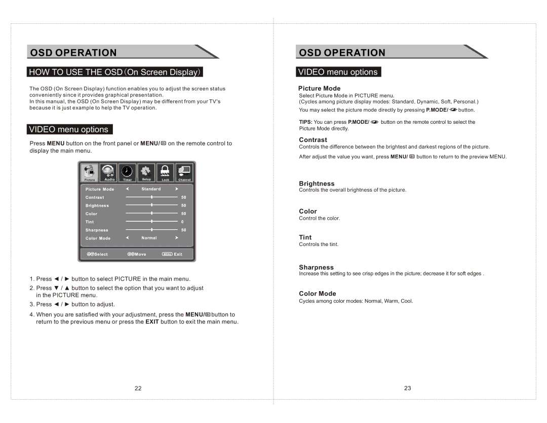 Curtis LCDVD2223AC manual OSD Operation, HOW to USE the OSDOn Screen Display, Video menu options 