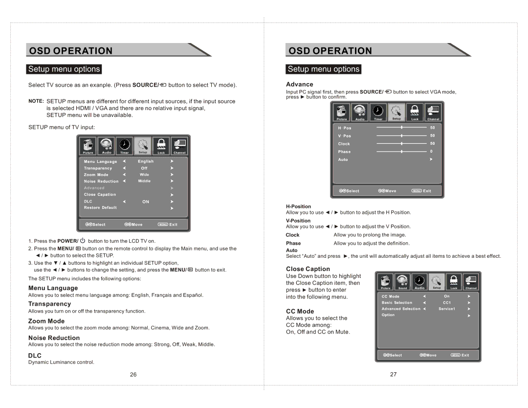 Curtis LCDVD2223AC manual Setup menu options 