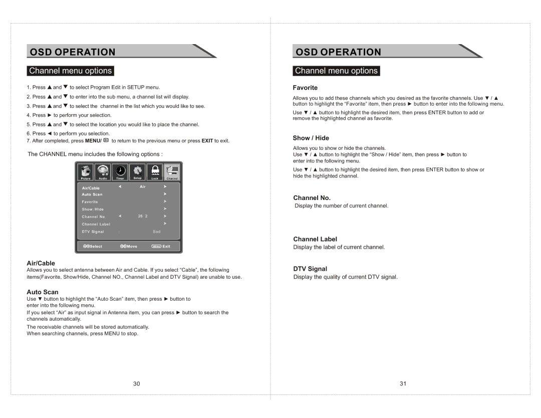 Curtis LCDVD2223AC manual Channel menu options 