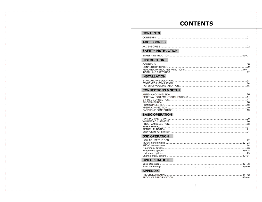 Curtis LCDVD2223AC manual Contents 