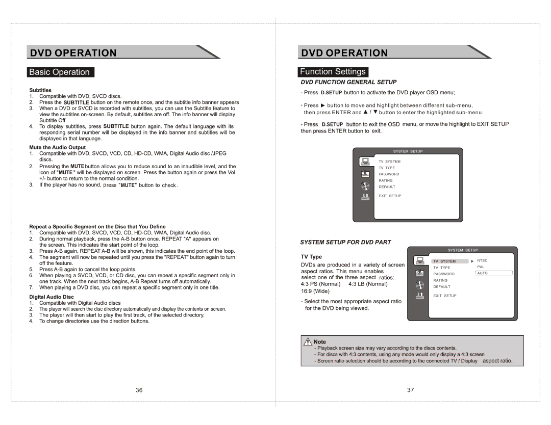 Curtis LCDVD2223AC manual DVD Operation, Function Settings 