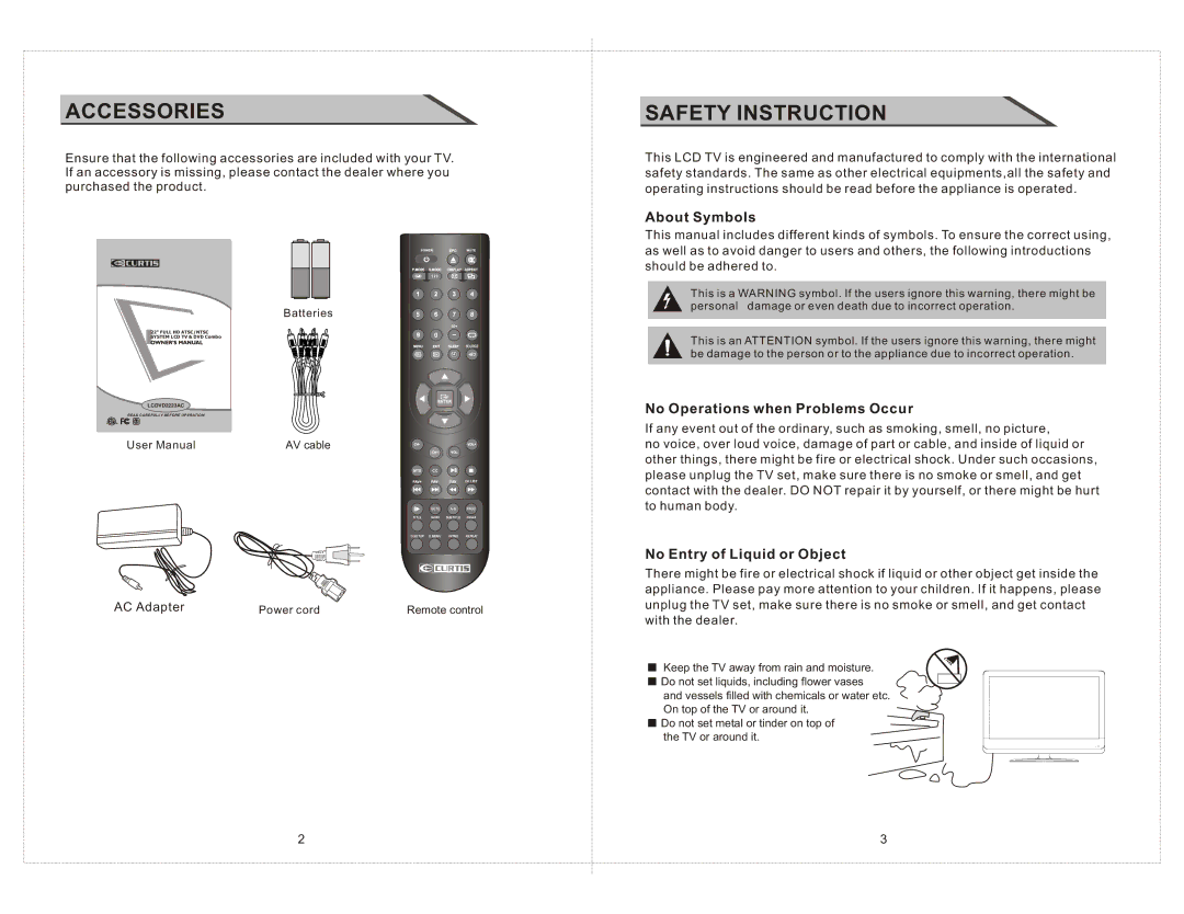 Curtis LCDVD2223AC manual About Symbols, No Operations when Problems Occur, No Entry of Liquid or Object, AC Adapter 